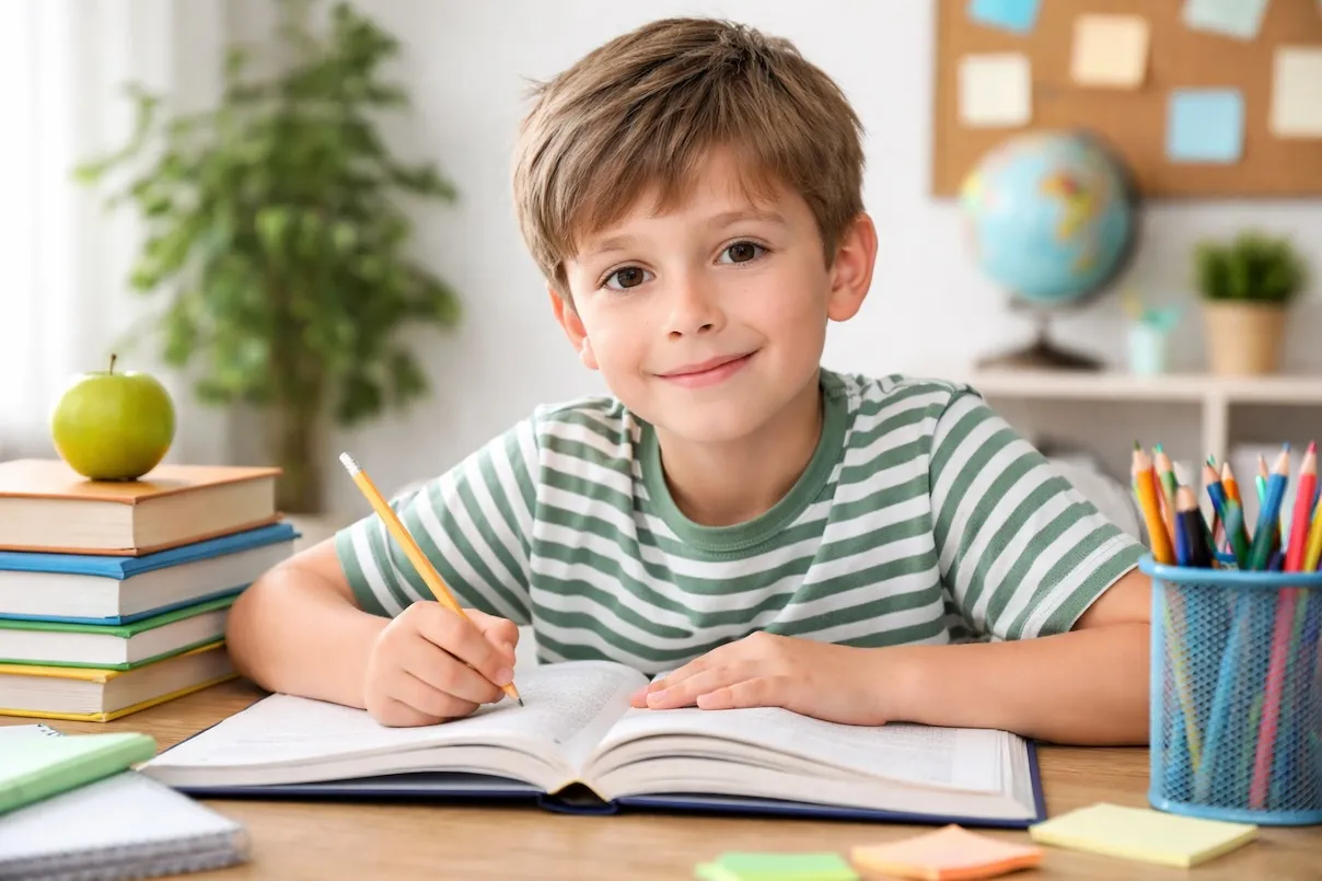 Bambino sorridente seduto a una scrivania mentre studia su un libro aperto e scrive con una matita, circondato da libri, matite colorate e una mela, in una stanza luminosa.