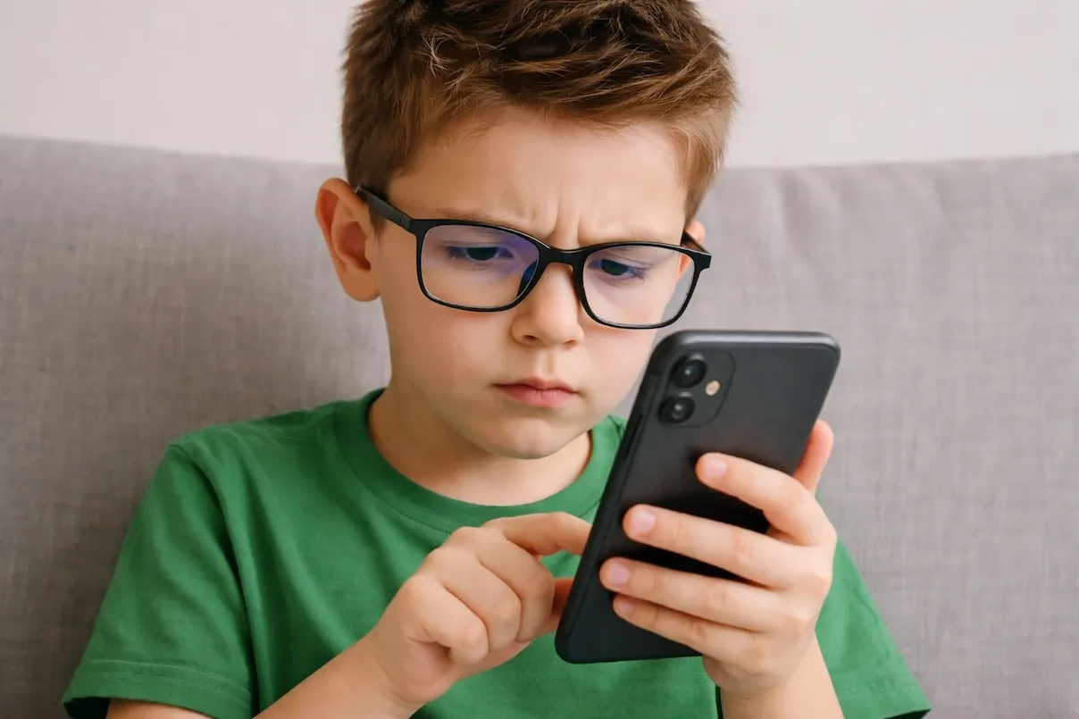 Bambino con occhiali che guarda concentrato uno smartphone seduto su un divano, indossa una maglietta verde.