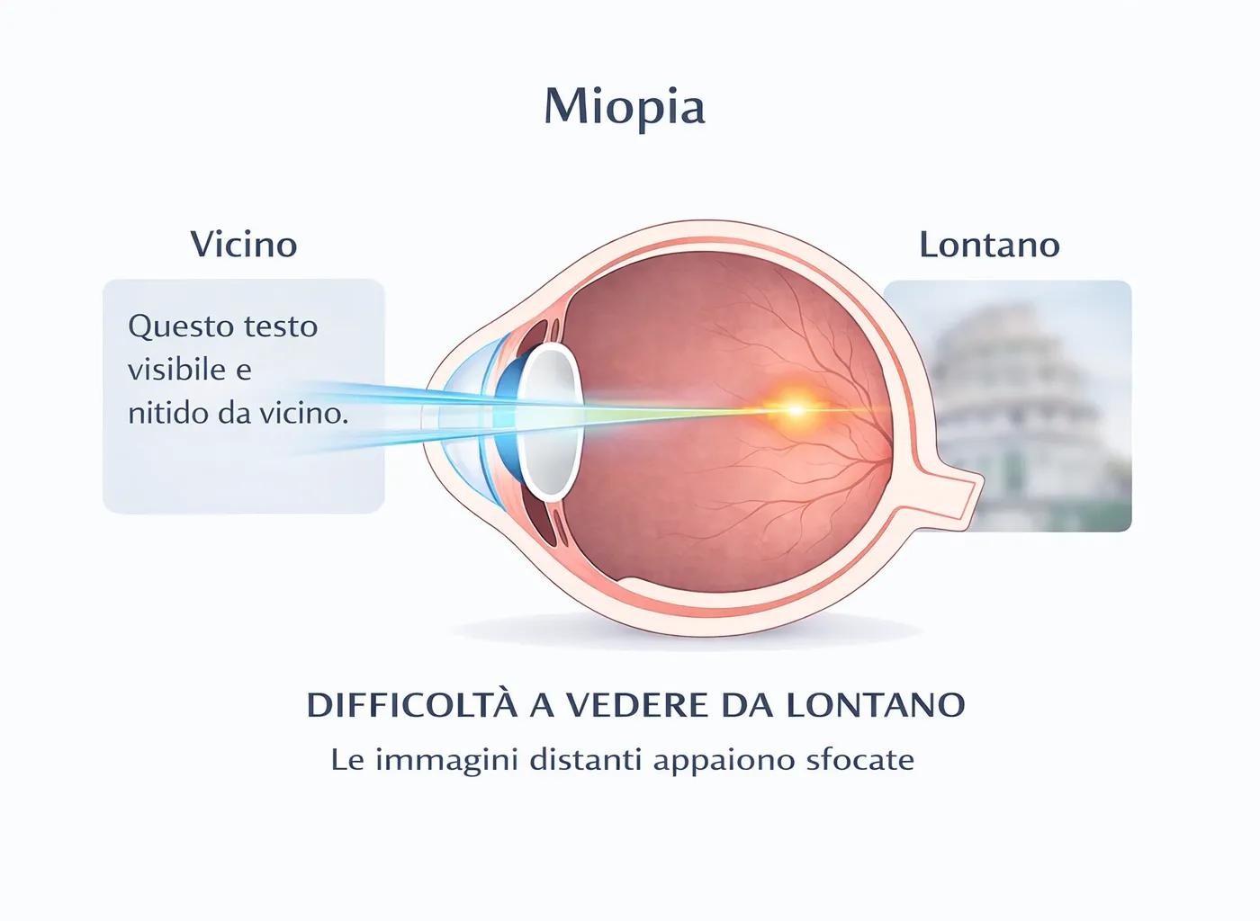 Schema dell’occhio miope: i raggi luminosi convergono davanti alla retina, causando visione sfocata da lontano.