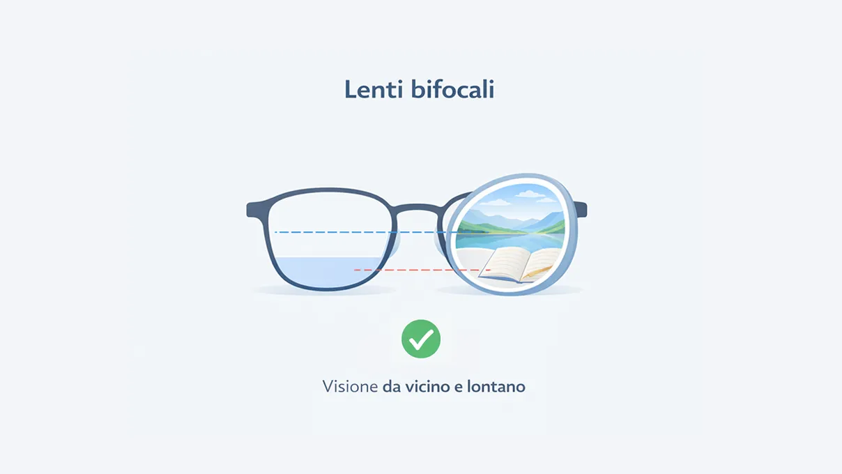 Lenti bifocali con doppia area visiva e trattamenti protettivi per comfort da vicino e da lontano.