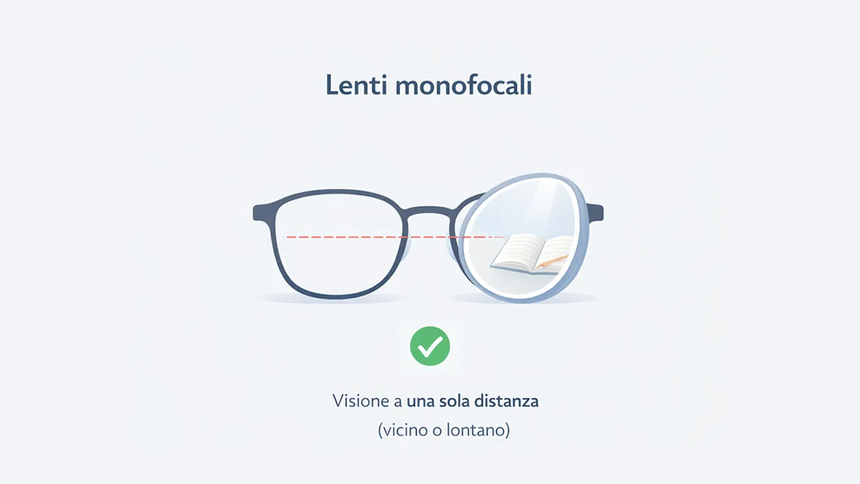 Lenti monofocali con antiriflesso, protezione UV e filtro luce blu per una visione chiara e meno affaticante.